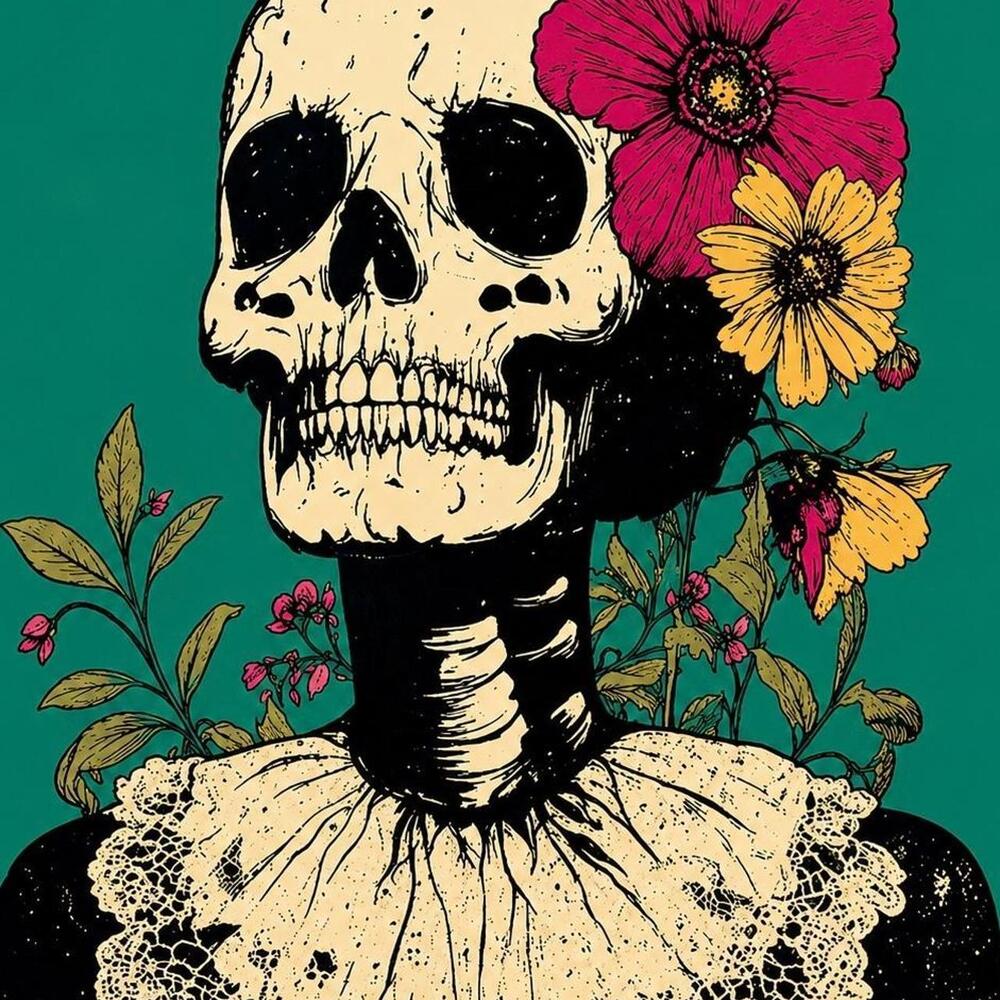 5x7 Framed Floral Skeleton Art Print – Teal Gothic Botanical Wall Decor